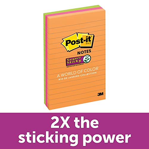 Product Cover Post-it Super Sticky Notes, 2x Sticking Power, 4 in x 6 in, Rio de Janeiro Collection, Lined, 3 Pads/Pack, 90 Sheets/Pad (660-3SSUC)