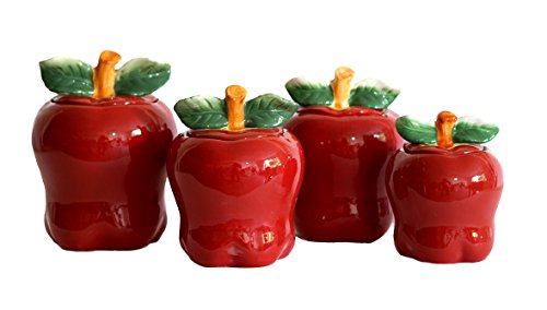 Product Cover Set of 4 Apple shaped red ceramic CANISTERS country kitchen home decor NEW