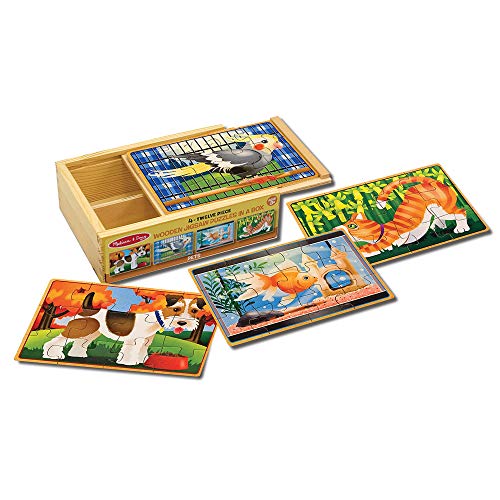 Product Cover Melissa & Doug Pets Jigsaw Puzzles in a Box (Four Wooden Puzzles, Sturdy Wooden Storage Box, 12-Piece Puzzles, 8