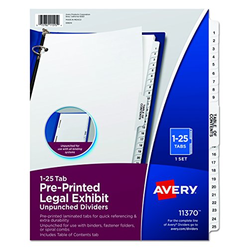 Product Cover Avery Premium Collated Legal Exhibit Divider Set, Avery Style, 1-25 and Table of Contents, Side Tab, 8.5 x 11 Inches, 1 Set (11370), White