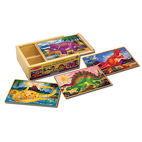 Product Cover Melissa & Doug Dinosaur Jigsaw Puzzles in a Box (Four Wooden Puzzles in Wooden Storage Box, 12 Pieces, Great Gift for Girls and Boys - Kids Dinosaur Toy Best for 3, 4, 5, and 6 Year Olds)