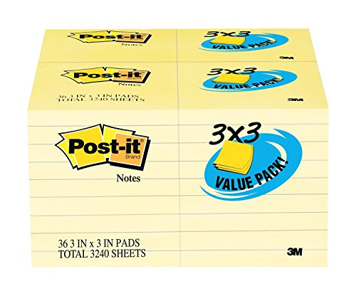 Product Cover Post-it Notes, Canary Yellow, Unique Adhesive Designed for Paper, Great for Reminders, Large Pack, Recyclable, 3 in. x 3 in, 36 Pads/Pack, 90 Sheets/Pad (654-36VAD90)