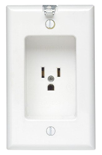 Product Cover Leviton 688-W 15 Amp, 125 Volt, 1 Gang Recessed Single Receptacle, Residential Grade, with Clock Hanger Hook, White