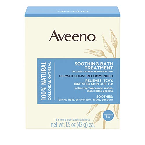 Product Cover Aveeno Soothing Bath Treatment with 100% Natural Colloidal Oatmeal for Treatment & Relief of Dry, Itchy, Irritated Skin Due to Poison Ivy, Eczema, Sunburn, Rash, Insect Bites & Hives, 8 ct.