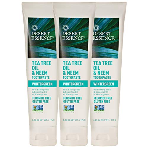 Product Cover Desert Essence Tea Tree Oil & Neem Toothpaste - 6.25 Oz - Pack of 3 - Refreshing Rich Taste - Baking Soda & Essential Oil of Wintergreen - Antiseptic - Natural Ingredients - Fluoride & Gluten Free