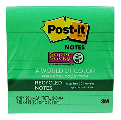 Product Cover Post-it Recycled Super Sticky Notes, 2x Sticking Power, 4 in x 4 in, Bora Bora Collection, Lined, 6 Pads/Pack, 90 Sheets/Pad (675-6SST)