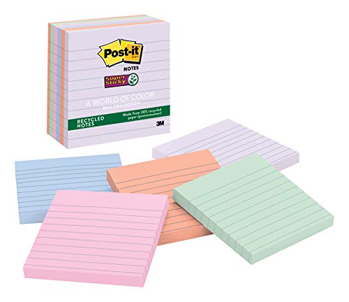 Product Cover Post-it Recycled Super Sticky Notes, 2x Sticking Power, 4 in x 4 in, Bali Collection, Lined, 6 Pads/Pack (675-6SSNRP)