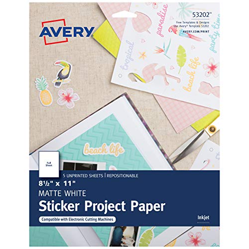 Product Cover Avery Printable Sticker Paper, Matte White, 8.5 x 11 Inches, Inkjet Printers, 5 Sheets (53202)