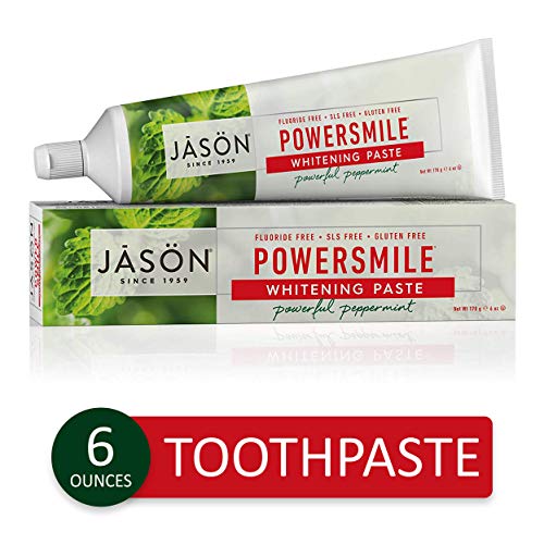 Product Cover JASON Powersmile Whitening Fluoride-Free Toothpaste, Powerful Peppermint, 6 Ounce Tube
