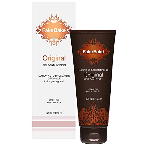Product Cover Fake Bake Original Self-Tanning Lotion | Fast Acting, Natural Looking Sunless Tan For All Skin Tones | Streak Free, Flawless Glow Includes Gloves For Easy Application | 6 oz