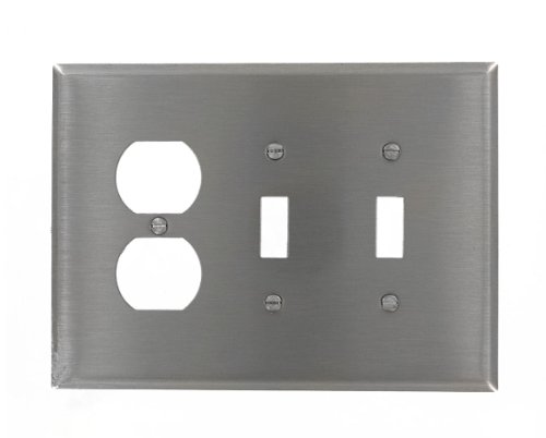 Product Cover Leviton 84121-40 3-Gang 2-Toggle 1-Duplex Device Combination Wallplate, Oversized, Device Mount, Stainless Steel