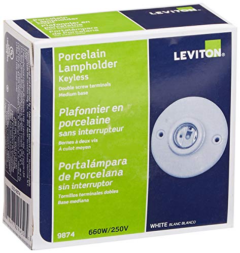 Product Cover Leviton 9874 Porcelain Outlet Box Mount, Incandescent Ceiling Lampholder, Keyless, White