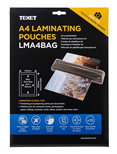 Product Cover Texet A4 Size Waterproof Glossy Finish Laminating Pouches | Pack Of 25 | 150 Micron (2 * 75 Micron)