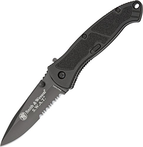 Product Cover Smith & Wesson SWATMB 7.5in S.S. Assisted Opening Knife with 3.2in Serrated Drop Point Blade and Aluminum Handle for Outdoor, Tactical, Survival and EDC