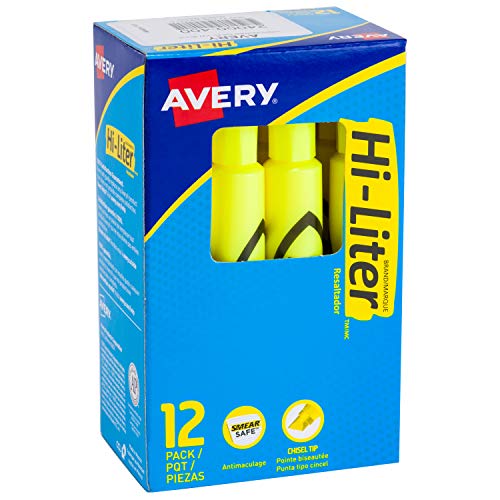 Product Cover Avery Hi-Liter Desk-Style Highlighters, Smear Safe Ink, Chisel Tip, 12 Fluorescent Yellow Highlighters (24000)