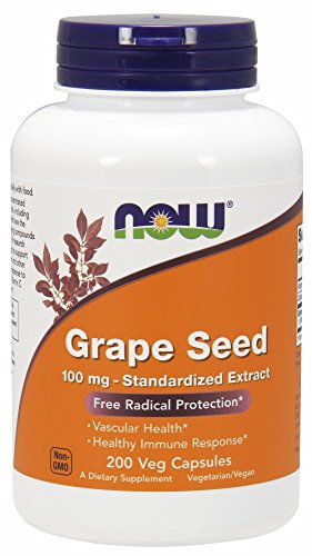 Product Cover NOW Supplements, Grape Seed 100 mg - Standardized Extract, Highly Concentrated Extract with a Minimum of 90% Polyphenols, with Vitamin C, 200 Veg Capsules