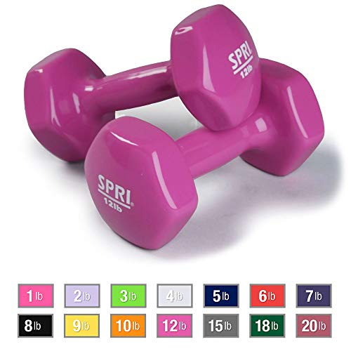 Product Cover SPRI Dumbbells Deluxe Vinyl Coated Hand Weights All-Purpose Color Coded Dumbbell for Strength Training (Set of 2) (Magenta, 12-Pound)