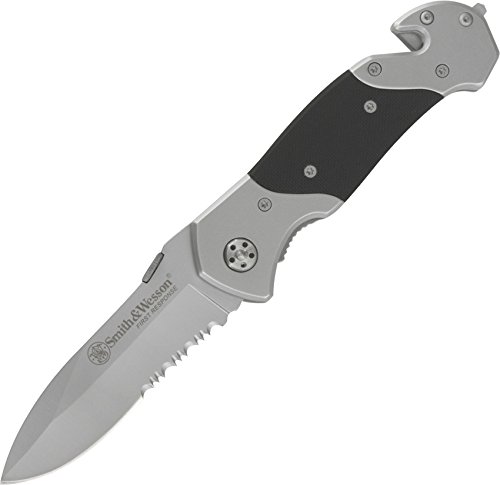 Product Cover SMITH & WESSON SWFRS 8in High Carbon S.S. Folding Knife with 3.3in Drop Point Serrated Blade and S.S. with G-10 Inlay Handle for Outdoor, Tactical, Survival and EDC
