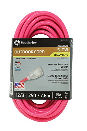 Product Cover Coleman Cable 2577SW000A 25-Foot 12/3 Neon Outdoor Extension Cord, Made in the USA, Water Resistant Vinyl Jacket, Reinforced Blades, Clear Molded Plug With Power Indicated Light, Fluorescent Pink,