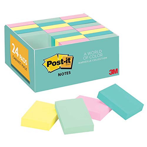 Product Cover Post-it Notes, 24 Pads/Pack, 1 3/8 in. x 1 7/8 in, Marseille Colors, America's #1 Favorite Sticky Note, Call Out Important Information, Recyclable (653-24APVAD)