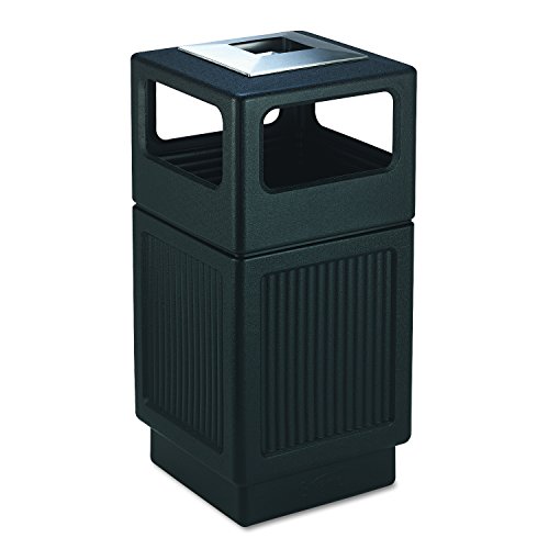 Product Cover Safco Products Canmeleon Outdoor/Indoor Recessed Panel Trash Can with Ash Urn 9477BL, Black, Decorative Fluted Panels, Stainless Steel Ashtray, 38 Gallon Capacity
