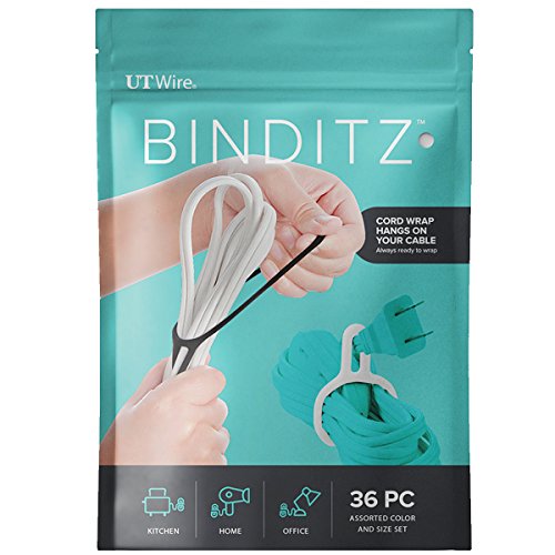 Product Cover UT Wire Attachable Binditz Silicon Cable Wrap for Home Kitchen Small Appliances Computer Hair Dryer Cords in White/Black Set of 36 Assorted Sizes (UTW-R36-01)