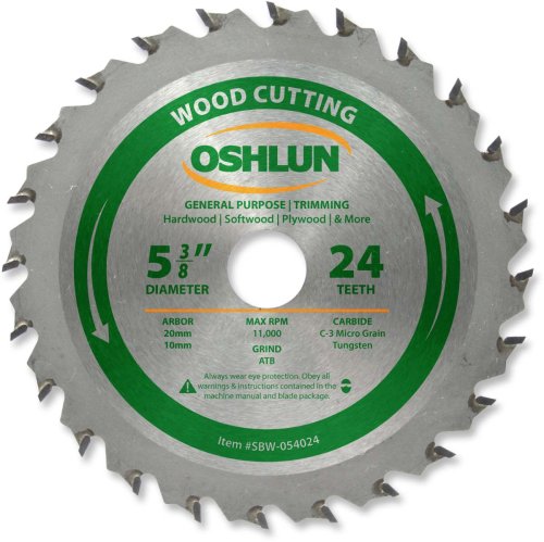 Product Cover Oshlun SBW-054024 5-3/8-Inch 24 Tooth ATB General Purpose and Trimming Saw Blade with 20mm Arbor (5/8-Inch and 10mm Bushings)
