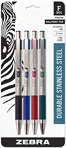 Product Cover Zebra F-301 Ballpoint Stainless Steel Retractable Pen, Fine Point, 0.7mm, Assorted Ink, 4-Count: Black, Blue, Green, Red