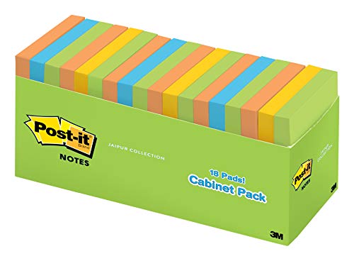 Product Cover Post-it Notes, Jaipur Colors, America's #1 Favorite Sticky Note, Great for Reminders, Large Pack, 3 in. x 3 in, 18 Pads/Pack, 100 Sheets/Pad (654-18BRCP)