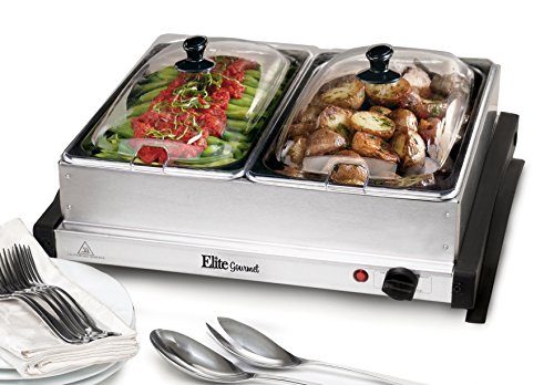 Product Cover Elite Gourmet EWM-6122 Dual Server Food Warmer, Adjustable Temp For For Parties & Holidays, 2 x 2.5Qt Buffet Trays with Slotted Lids, Perfect for Parties, Entertaining & Holidays, Stainless Steel