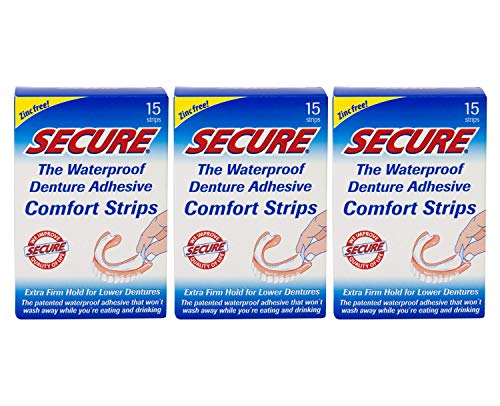 Product Cover Secure Comfort Strips Waterproof Denture Adhesive - Zinc Free - Extra Firm Hold For Lower Dentures - 15 Strips (Pack of 3)