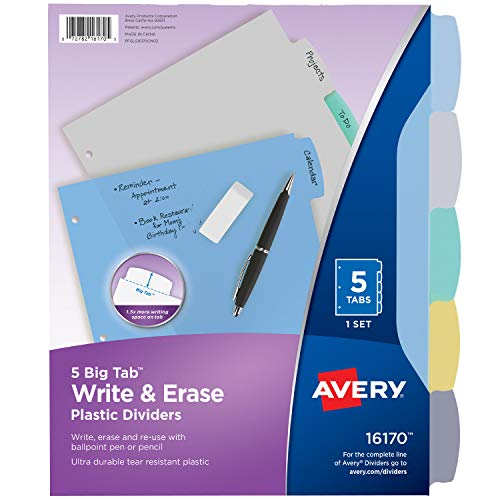 Product Cover Avery 5-Tab Plastic Binder Dividers, Write & Erase Multicolor Big Tabs, 1 Set (16170)