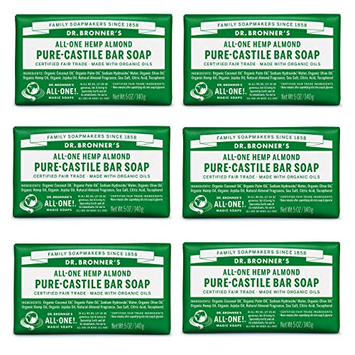 Product Cover Dr. Bronner's - Pure-Castile Bar Soap (Almond, 5 oz, 6-Pack) - Made with Organic Oils, For Face, Body & Hair, Gentle & Moisturizing, Biodegradable, Vegan, Cruelty-free, Non-GMO