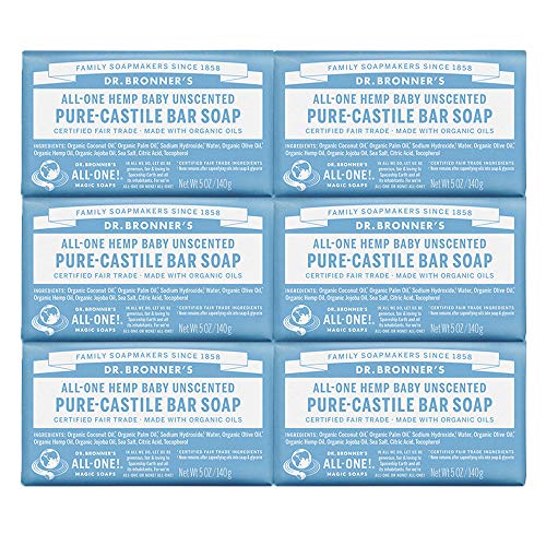 Product Cover Dr. Bronner's - Pure-Castile Bar Soap (Baby Unscented, 5 oz, 6-Pack) -Made with Organic Oils, For Face, Body & Hair, Gentle for Sensitive Skin & Babies, No Added Fragrance,Biodegradable,Vegan,Non-GMO