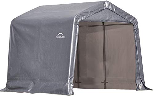 Product Cover ShelterLogic 8' x 8' Shed-in-a-Box All Season Steel Metal Peak Roof Outdoor Storage Shed with Waterproof Cover and Heavy Duty Reusable Auger Anchors