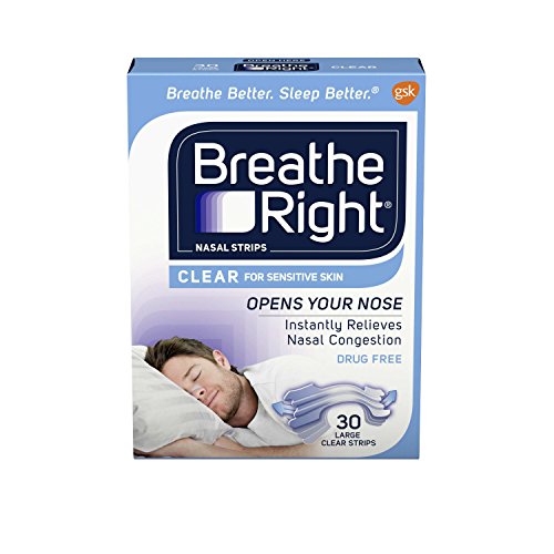 Product Cover Breathe Right Nasal Strips to Stop Snoring, Drug-Free, Large, Clear for Sensitive Skin, 30 count ( Pack of 2)