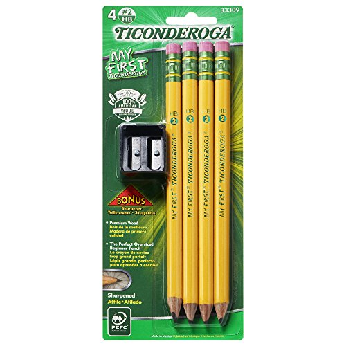 Product Cover TICONDEROGA My First Pencils, Wood-Cased #2 HB Soft, Pre-Sharpened with Eraser, Includes Bonus Sharpener, Yellow, 4-Pack (33309)