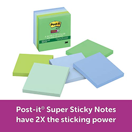 Product Cover Post-it Recycled Super Sticky Notes, 2x Sticking Power, 3 in x 3 in, Bora Bora Collection, 5 Pads/Pack, 90 Sheets/Pad (654-5SST)