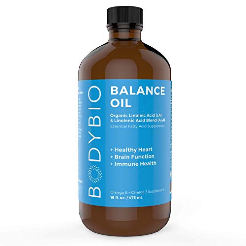Product Cover BodyBio Balance Oil - Essential Fatty Acids Omega 3 & 6 - Cold Pressed, Vegan, Organic Safflower and Flax Seed Oil Blend for Brain & Mood Support and Cellular Health, 16 oz