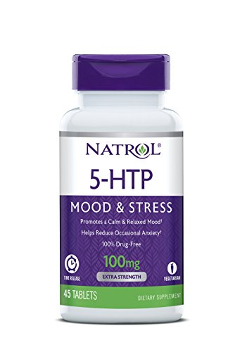 Product Cover Natrol 5-HTP Time Release Tablets, Promotes a Calm Relaxed Mood, Helps Maintain a Positive Outlook, Enables Production of Serotonin, Drug-Free, Controlled Release, Maximum Strength, 100mg, 45 Count