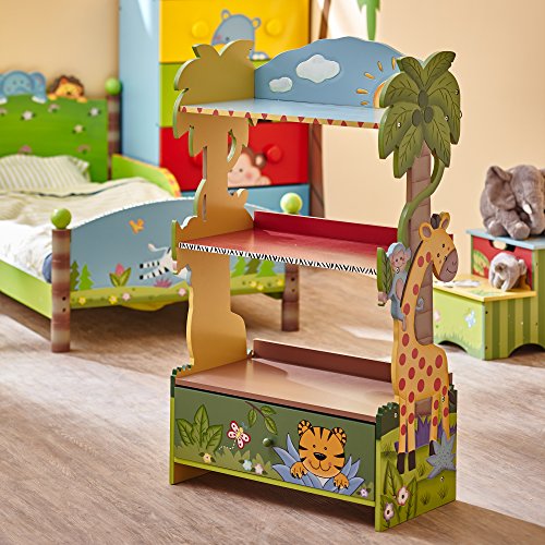 Product Cover Fantasy Fields - Sunny Safari Animal Wooden 3 Shelves Kids Bookshelf with 1 Drawer Storage, Imagination Inspiring Hand Crafted & Painted Details, Non-Toxic, Lead-Free Water-Based Paint - Blue & Green