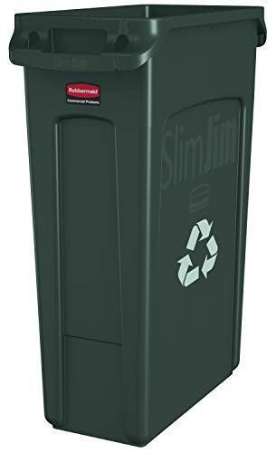 Product Cover Rubbermaid Commercial Products Slim Jim Plastic Rectangular Recycling/Compost Bin with Venting Channels, 23 Gallon, Green Recycling (FG354007GRN)