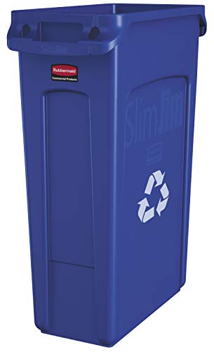 Product Cover Rubbermaid Commercial Products Slim Jim Plastic Rectangular Recycling Bin With Venting Channels, 23 Gallon, Blue Recycling (Fg354007Blue)