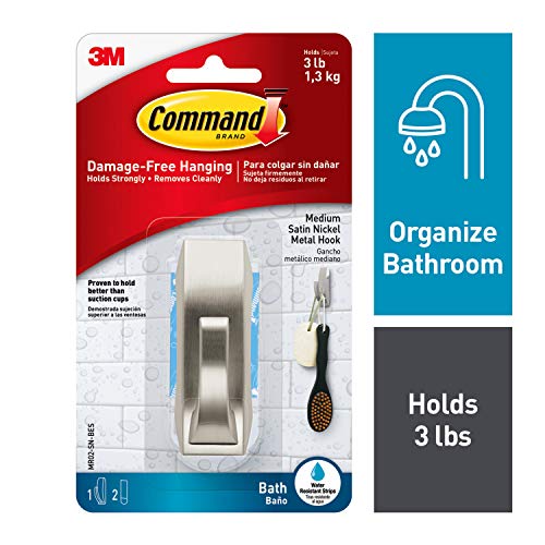 Product Cover Command Modern Reflections Metal Bath Hook, Medium, Satin Nickel, 1 Hook with Water-Resistant Strips