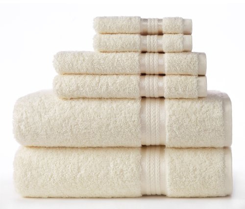 Product Cover Cotton Craft Ultra Soft 6 Piece Towel Set Ivory, Luxurious 100% Ringspun Cotton, Heavy Weight & Absorbent, Rayon Trim - 2 Oversized Large Bath Towels 30x54, 2 Hand Towels 16x28, 2 Wash Cloths 12x12