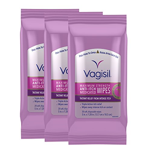 Product Cover Vagisil Anti-Itch Medicated Feminine Vaginal Wipes, Maximum Strength, 20 Wipes (Pack of 3, Packaging May Vary)