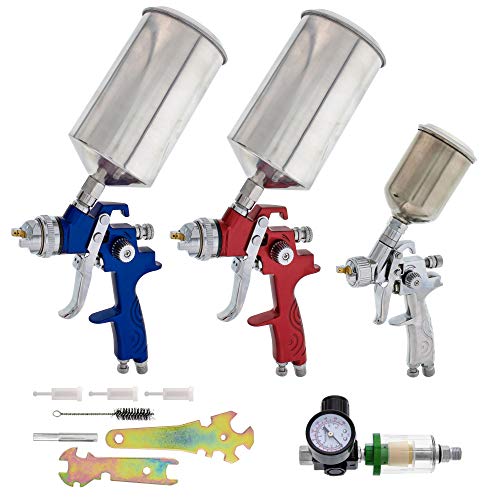 Product Cover TCP Global Brand HVLP Spray Gun Set - 3 Sprayguns with Cups, Air Regulator & Maintenance Kit for All Auto Paint, Primer, Topcoat & Touch-Up, One Year Warranty