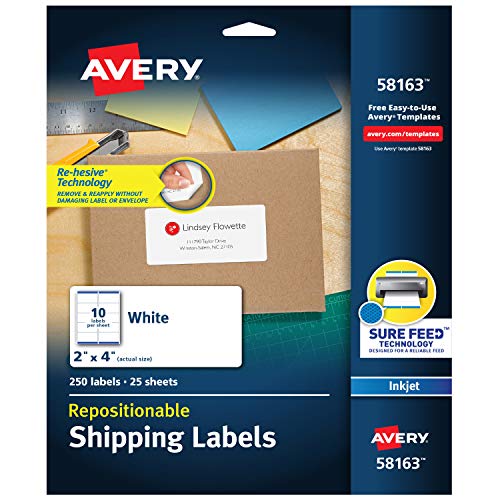 Product Cover Avery Repositionable Shipping Labels for Inkjet Printers 2 x 4, Box of 250 (58163), White
