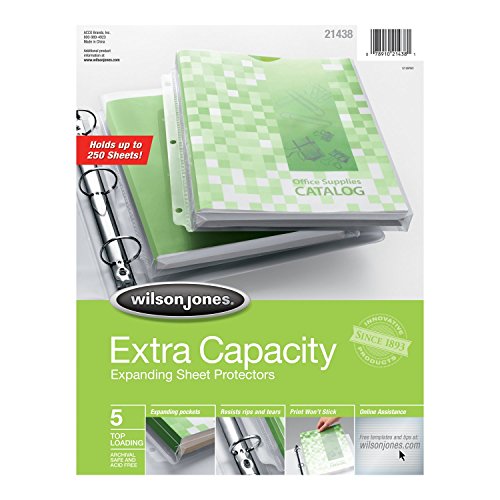 Product Cover Wilson Jones Extra Capacity Top-Loading Sheet Protectors, 250 Sheet Capacity, Letter Size, 5 Sleeves per Pack, Clear (W21438)