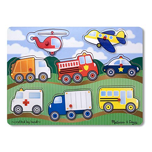 Product Cover Melissa & Doug Vehicles Wooden Peg Puzzle (Colorful Vehicles Artwork, Extra-Thick Wooden Construction, 8 Pieces, Great Gift for Girls and Boys - Best for 2, 3, and 4 Year Olds)